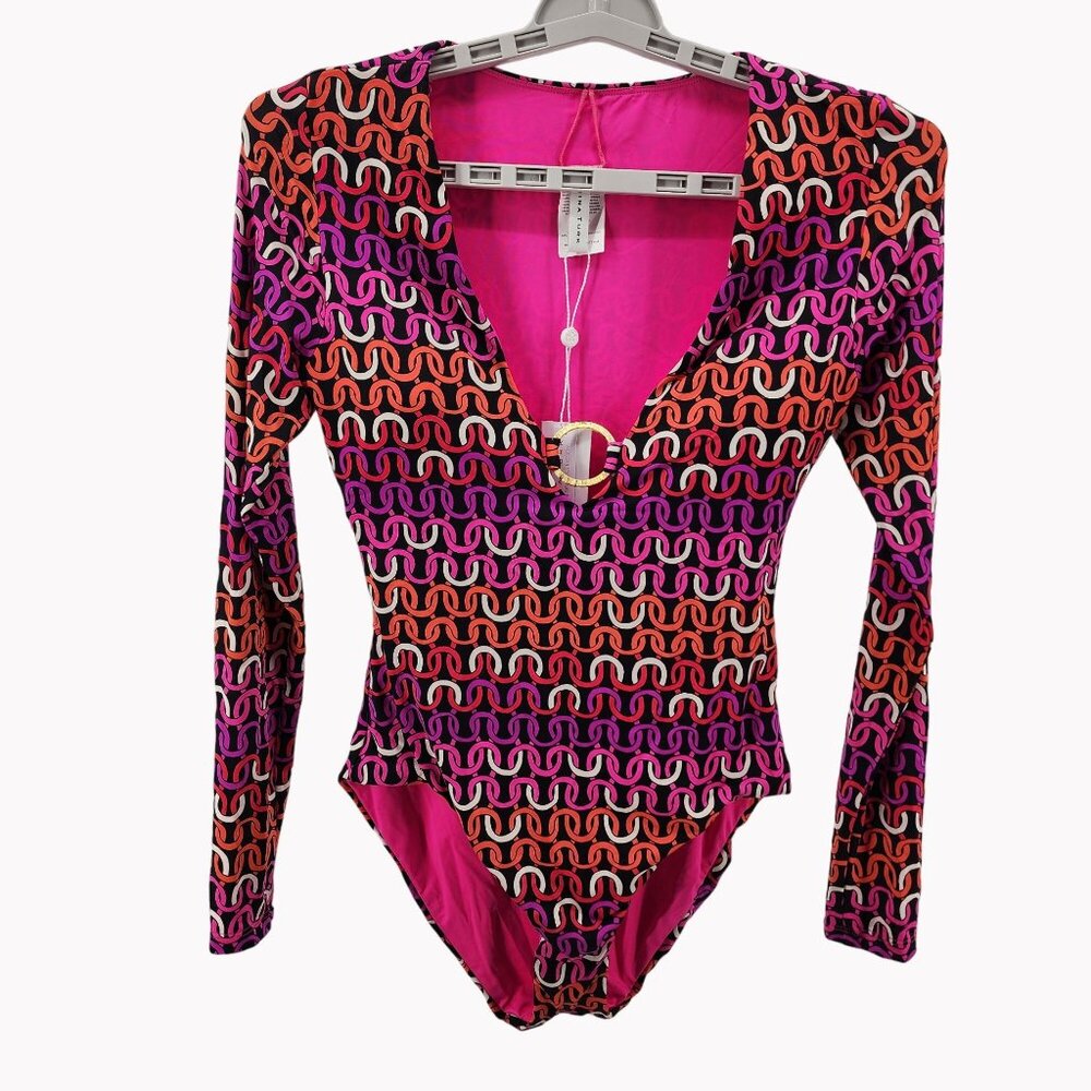 Trina Turk Women’s Size M Echo Long Sleeve Ring Front One Piece Swimsuit NEW